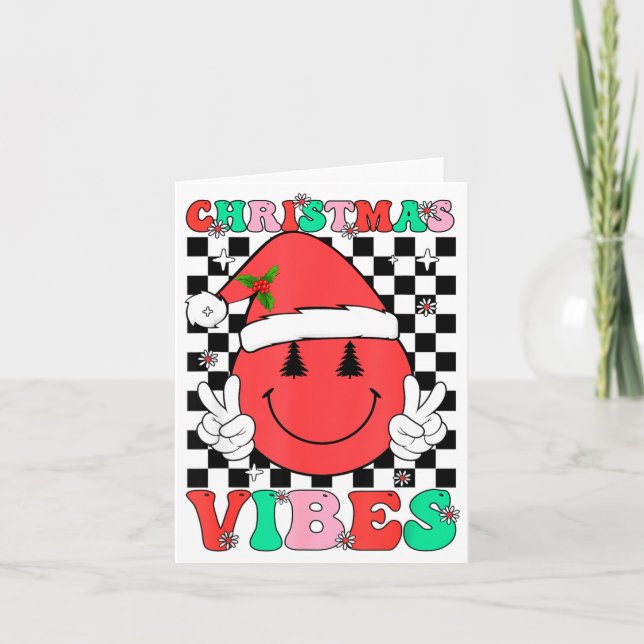 Groovy Christmas Vibes Smile Face Santa Hat Xmas T Card (Front)