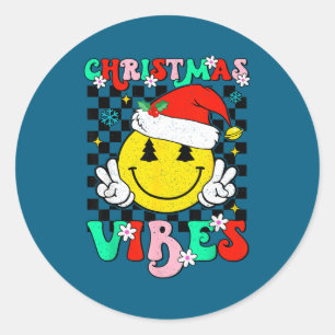 Groovy Christmas Vibes Smile Face Santa Hat Xmas T Classic Round Sticker