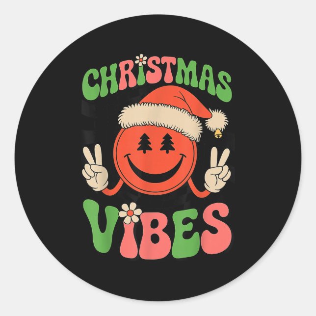 Groovy Christmas Vibes Smile Face Santa Hat Xmas T Classic Round Sticker (Front)