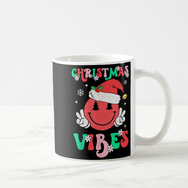 Groovy Christmas Vibes Smile Face Santa Hat Xmas T Coffee Mug (Right)