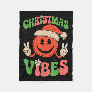 Groovy Christmas Vibes Smile Face Santa Hat Xmas T Fleece Blanket