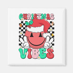 Groovy Christmas Vibes Smile Face Santa Hat Xmas T Magnet