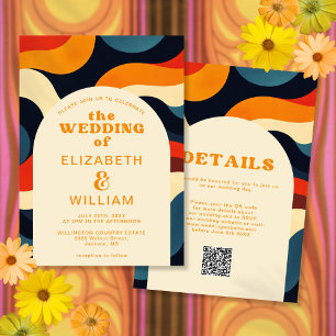 Groovy Colorful Retro Wavy Boho QR Code Wedding Invitation
