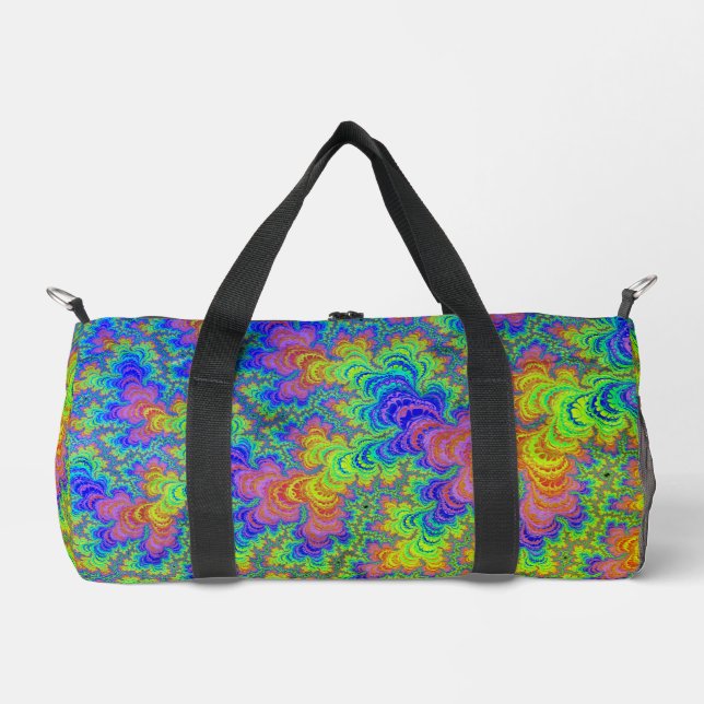 Groovy Colourful Boho Hippie Trippy Rainbow Fracta Duffle Bag (Front)