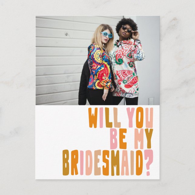 Groovy Colourful Bridesmaid Photo Proposal  Postcard (Front)