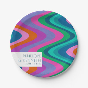 Groovy Colourful Green Purple Retro Wedding Custom Paper Plate
