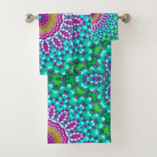 Groovy Colourful Jewel Tone Boho Fractal Mandala Bath Towel Set