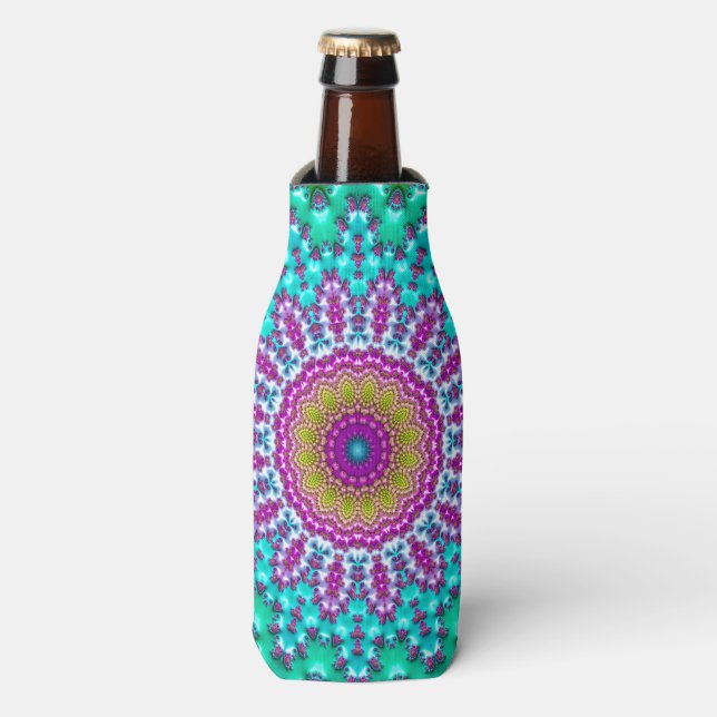 Groovy Colourful Jewel Tone Boho Fractal Mandala Bottle Cooler (Bottle Front)
