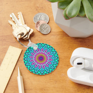 Groovy Colourful Jewel Tone Boho Fractal Mandala Key Ring
