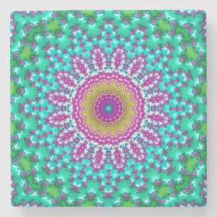 Groovy Colourful Jewel Tone Boho Fractal Mandala Stone Coaster