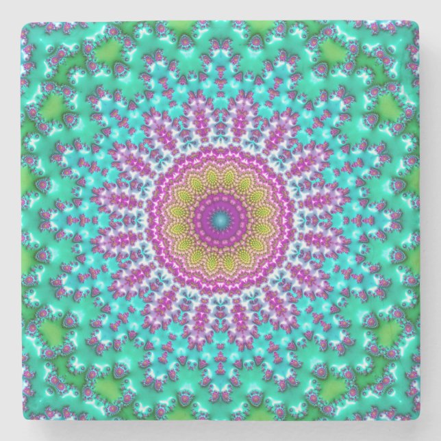 Groovy Colourful Jewel Tone Boho Fractal Mandala Stone Coaster (Front)