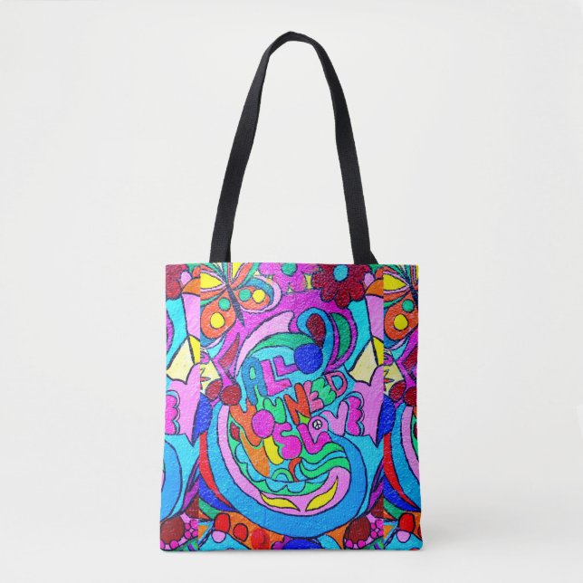 groovy colourful peace and love tote bag (Front)