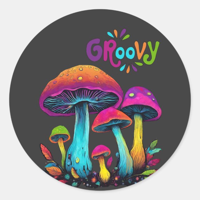 Groovy Colourful Psychedelic Mushrooms Classic Round Sticker (Front)