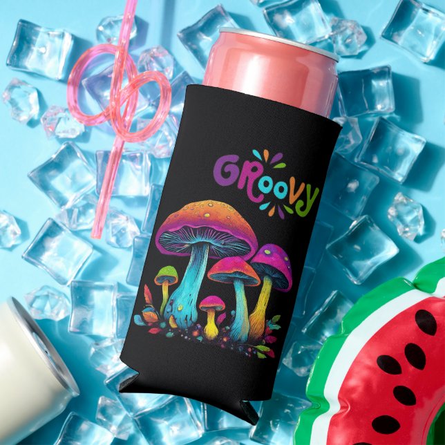 Groovy Colourful Psychedelic Mushrooms Seltzer Can Cooler (In Situ Summer)