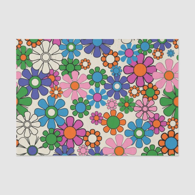 Groovy Colourful Retro 60s 70s Floral Pattern Tissue Paper (Front)