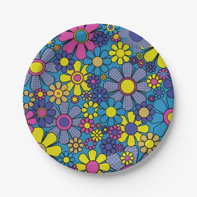 Groovy Colourful Retro Maximalist 60s 70s Floral Paper Plate (Front)