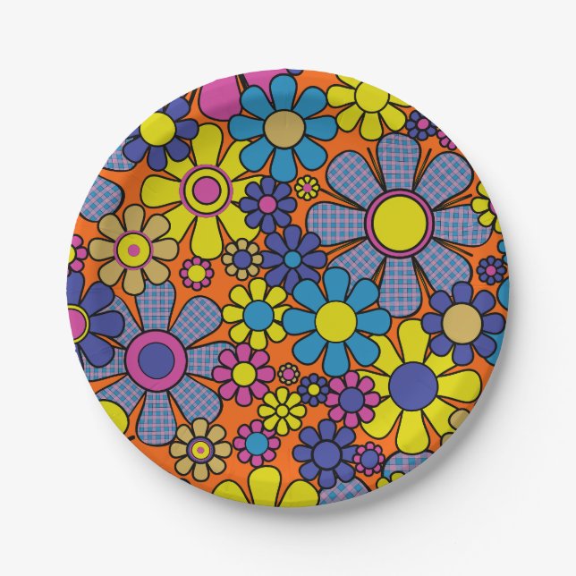Groovy Colourful Retro Maximalist 60s 70s Floral Paper Plate (Front)