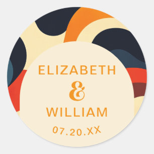 Groovy Colourful Retro Wavy Boho Wedding Favour Classic Round Sticker