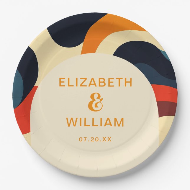 Groovy Colourful Retro Wavy Boho Wedding Paper Plate (Front)