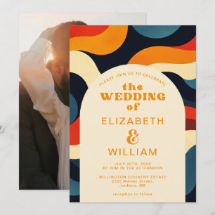 Groovy Colourful Retro Wavy Boho Wedding Photo Invitation