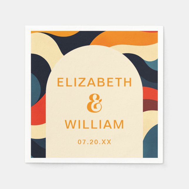 Groovy Colourful Retro Wavy Boho Wedding Photo Napkin (Front)