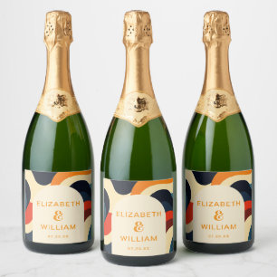 Groovy Colourful Retro Wavy Boho Wedding Sparkling Wine Label