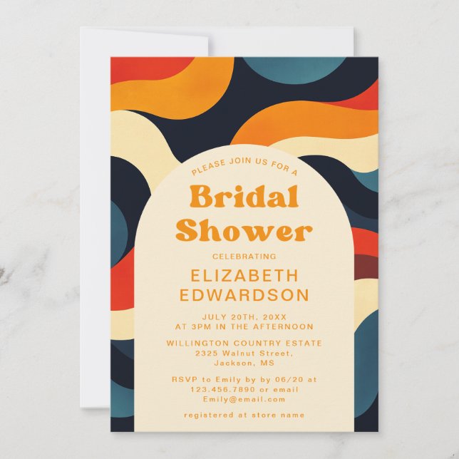 Groovy Colourful Retro Wavy QR Code Bridal Shower Invitation (Front)