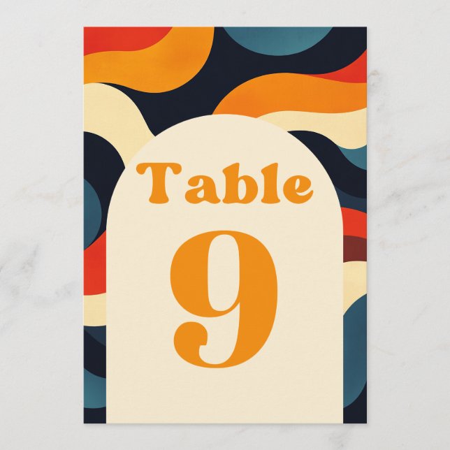 Groovy Colourful Retro Wavy Wedding Table Number (Front)