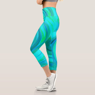Groovy Cool Abstract Aqua Liquid Art Swirl Capri Leggings