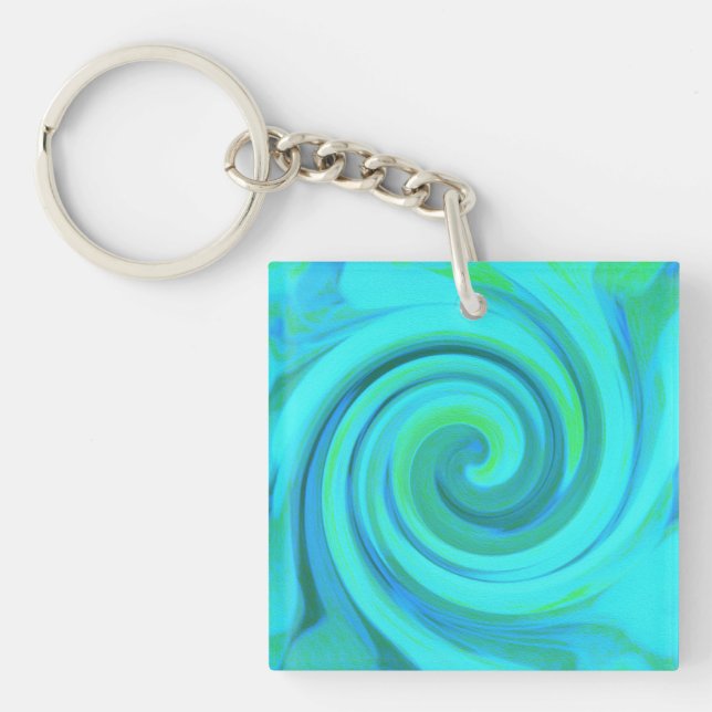 Groovy Cool Abstract Aqua Liquid Art Swirl Key Ring (Front)