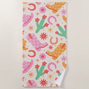 Groovy Cowgirl Boots and Hats Pattern with Cactus Beach Towel