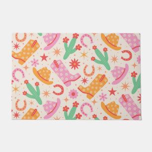 Groovy Cowgirl Boots and Hats Pattern with Cactus  Doormat