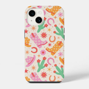 Groovy Cowgirl Boots and Hats Pattern with Cactus iPhone 14 Case