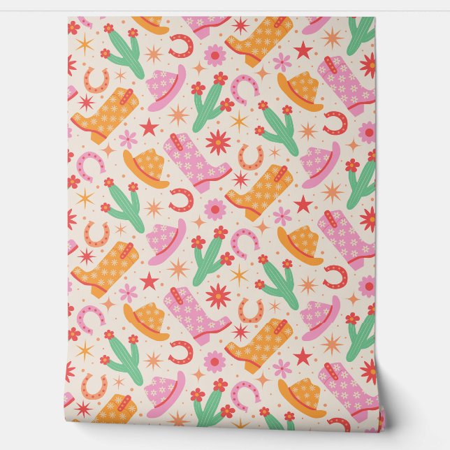 Groovy Cowgirl Boots and Hats Pattern with Cactus Wallpaper (Unrolling)