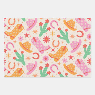 Groovy Cowgirl Boots and Hats Pattern with Cactus  Wrapping Paper Sheet
