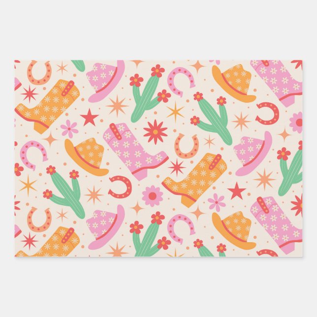 Groovy Cowgirl Boots and Hats Pattern with Cactus  Wrapping Paper Sheet (Front)