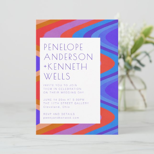 Groovy Curvy Lines Unique Retro Blue Red Wedding Invitation (Standing Front)
