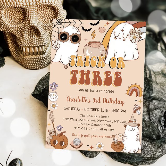 Groovy Cute Ghost Halloween 3rd Birthday Party Invitation (Creator Uploaded)