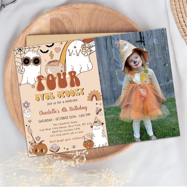Groovy Cute Ghost Halloween 4th Birthday Party Invitation (Creator Uploaded)