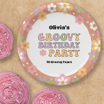 Groovy Daisies Hippie Photo Girl's Birthday Paper Plate<br><div class="desc">A bold flower power hippie birthday party paper plate that's perfect for any young girl's birthday celebration. The groovy design showcases colourful daisies that create a border. Fun 1970s style letters add a multi coloured vibe. Personalise this mod party paper plate with the child's name and age.</div>