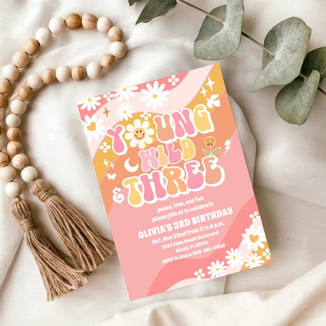 Groovy Daisy 3rd Birthday Invitation (Creator Uploaded)