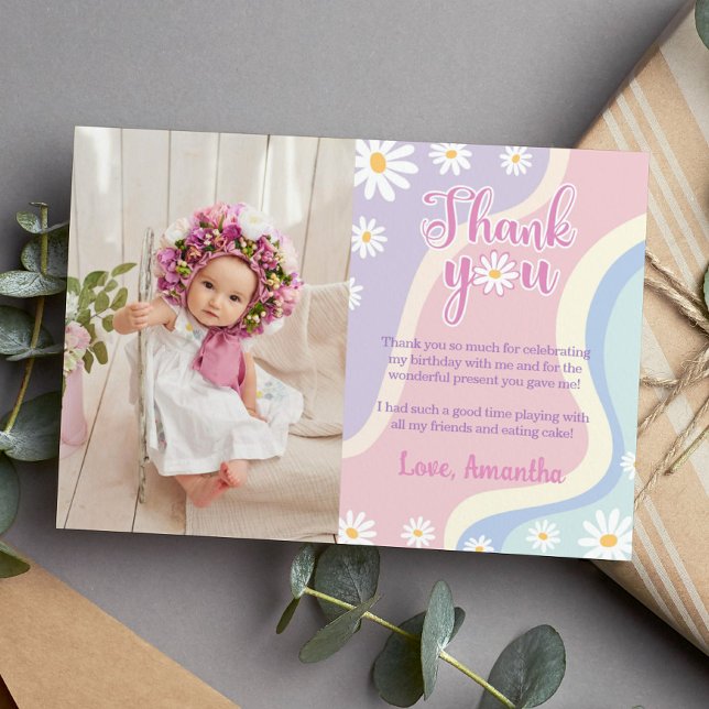 Groovy Daisy Birthday Photo Thank You Card (Creator Uploaded)
