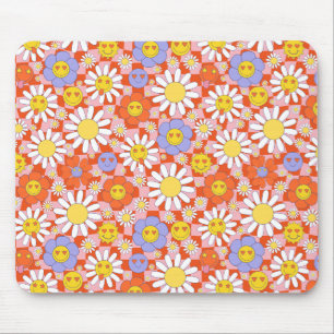 Groovy Daisy Floral Checkerboard, Y2K 90s Mouse Pad