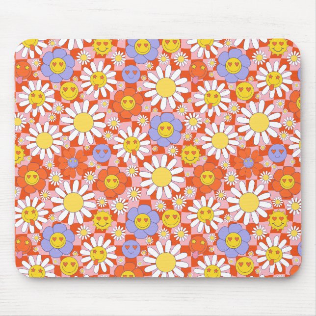 Groovy Daisy Floral Checkerboard, Y2K 90s  Mouse Pad (Front)