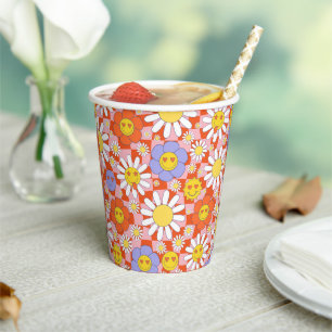 Groovy Daisy Floral Checkerboard, Y2K 90s  Paper Cups