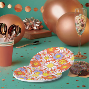Groovy Daisy Floral Checkerboard, Y2K 90s Paper Plate