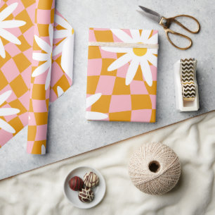 Groovy Daisy Floral Checkerboard, Y2K 90s  Wrappin Wrapping Paper