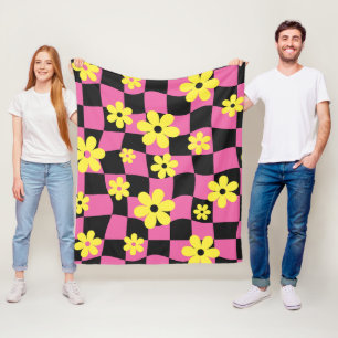 Groovy Daisy Floral Chequerboard, Y2K 90s Fleece Blanket