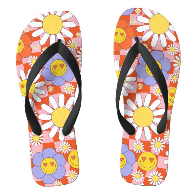 Groovy Daisy Floral Chequerboard, Y2K 90s Jandals (Footbed)