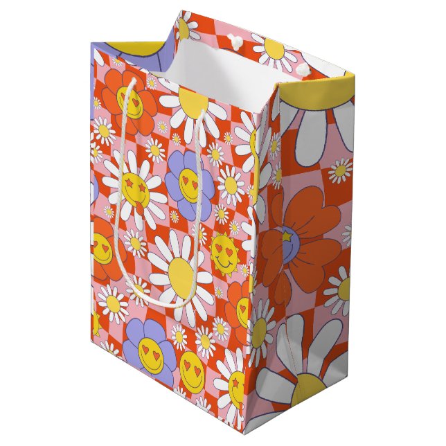 Groovy Daisy Floral Chequerboard, Y2K 90s  Medium Gift Bag (Front Angled)